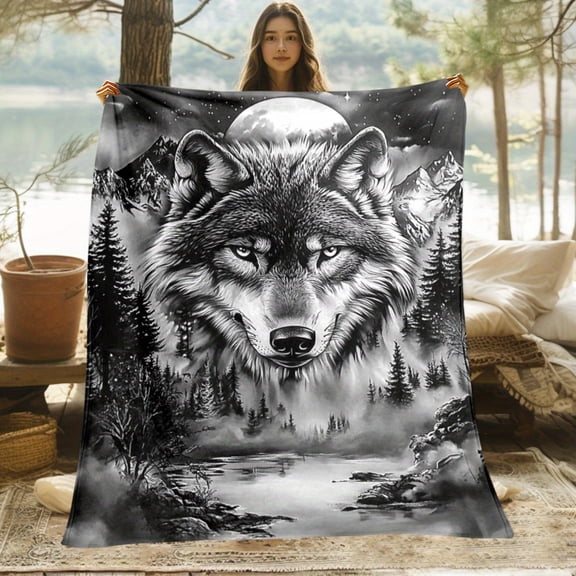 1pc Black and White Wolf Wolf Flannel Blanket Ultra Soft Lightweight Warm Throw Suitable for Camping Travel Sofa Bed All Cozy Bedspread with Wolf Print (No) Ideal Gift for