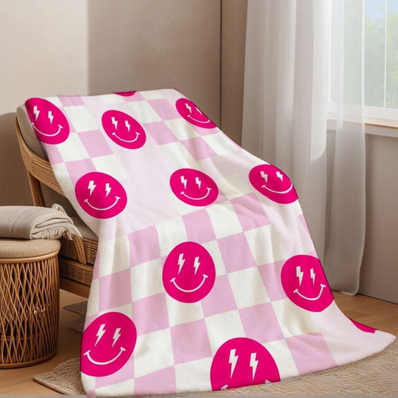 1pc BlanketBright Pink Smiley Face Pattern Lightweight Throw Blanket, Light Pink & White Checkered Grid Design, for Sofa, Bed, Living Room, Office, Perfect Gift for Home DecorationBlanket