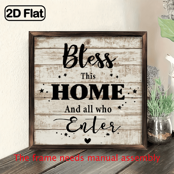 1pc Bless This Home All Who Enter Wooden Wall Decor - 8x8 Inch Rustic Farmhouse Sign with Heart Star Accents, Wood Inspirational Wall Art for Home Office Kitchen Bar, Easy to Hang No Tools Needed