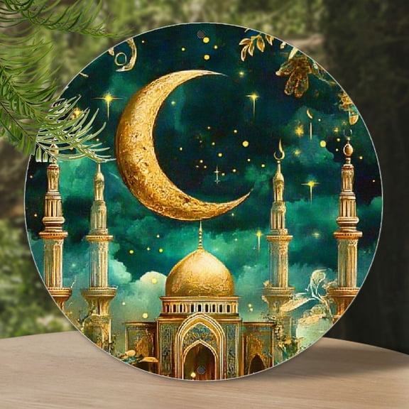 1pc Blessed Ramadan Mubarak - 8"x8" Round Aluminum Wall Sign with Islamic Mosque, Crescent Moon & Stars Design | Elegant Indoor/Outdoor Decor for Home, Kitchen, Garden, Cafe | Perfect Winter