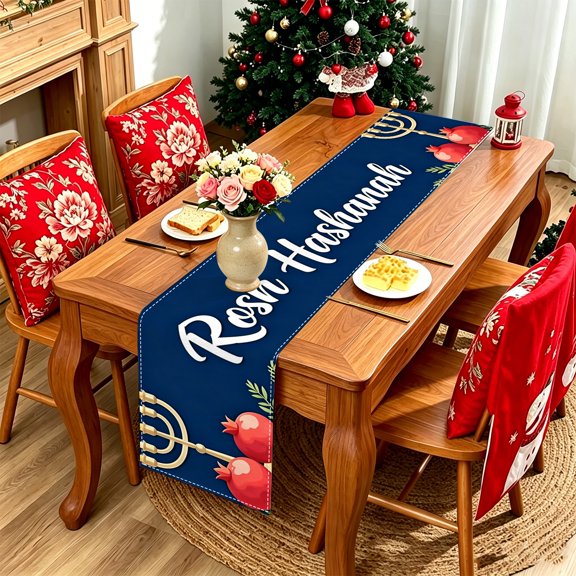1pc Blue Background Rosh Hashana Pomegranate Menorah Table Runner, Jewish New Year Party Display Photo Gift Thanksgiving Christmas