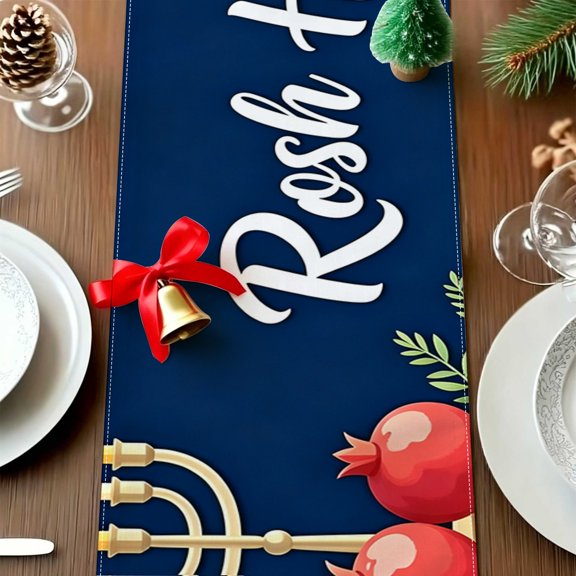 1pc Blue Background Rosh Hashana Pomegranate Menorah Table Runner, Jewish New Year Party Display Photo Gift Thanksgiving Christmas