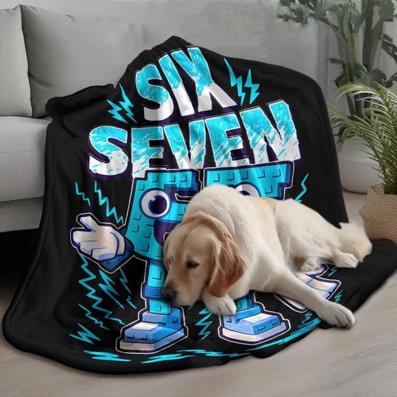 1pc Blue-Black Color Block "67" Number Robot Lightning Flannel Blanket . Machine Washable, Lightweight, Warm, Ideal for Sofa, Bed, Travel, Camping, Living Room Perfect Gift for Family and Friends