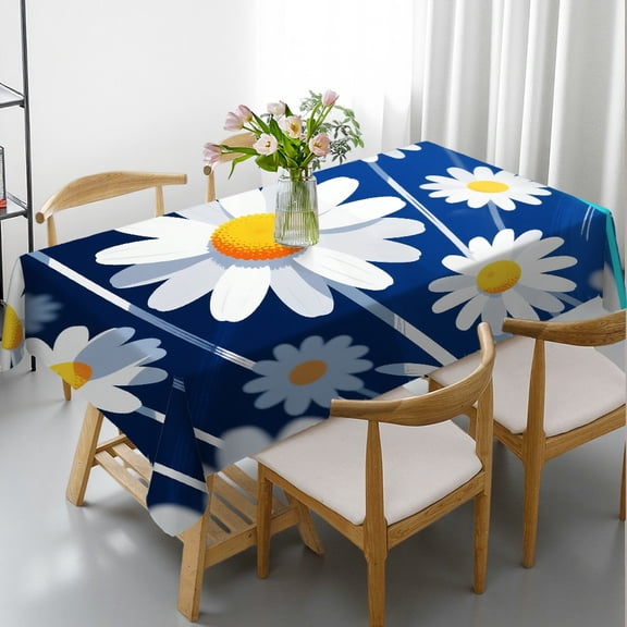 1pc Blue Daisy Print Tablecloths for dining table, Festive Table Setting 2D Flat Printing, Blue Daisy
