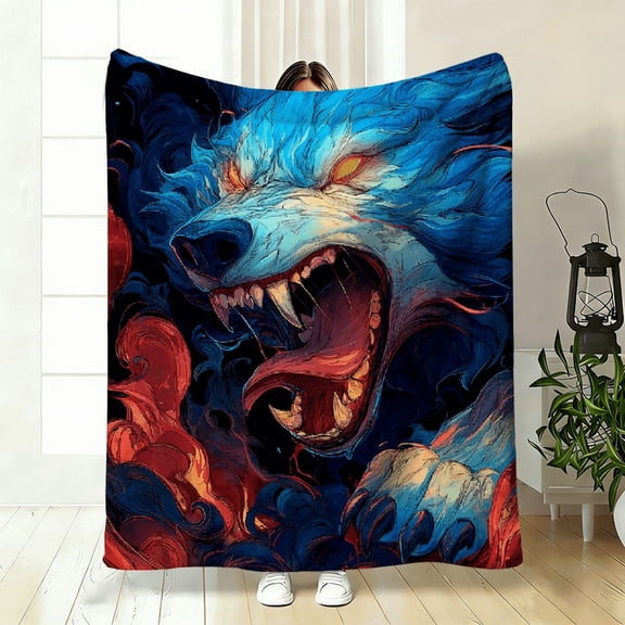 1pc Blue Dragon Flame Flannel Throw Blanket Soft Cozy Polyester with Digital Design All Season, Throw Blanket for Couch, Christmas Halloween Blanket Travel Blanket. Perfect for Sofa, Bed