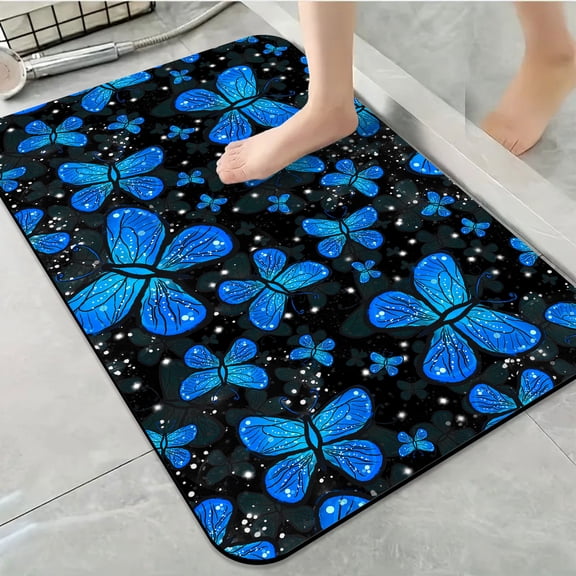1pc Blue Glowing Butterfly Bathroom Rug Bathroom Decor and Accessories- Durable,Anti Slip,And Quick Drying,Suitable For Indoor/outdoor Use - Perfect For Bathrooms,Bedrooms,Kitchens