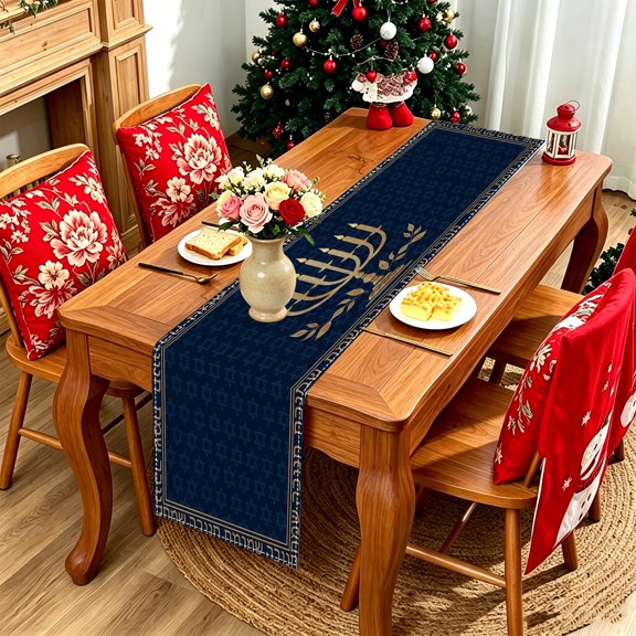 1pc Blue Gold Star of David Menorah Table Runner, Rosh Hashanah Photoshoot Prop, Jewish Home Housewarming Gift Thanksgiving Christmas