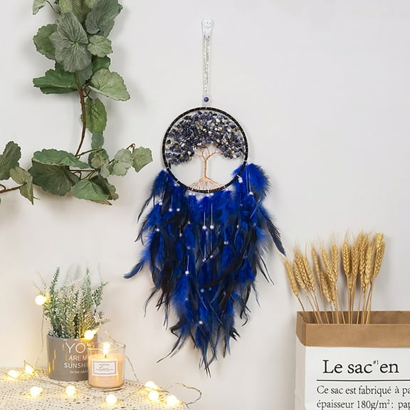 1pc Blue Gravel Tree of Life Dreamcatchers Hand Woven Natural Feather Hanging Dream Catcher Bedroom Living Room Garden Home Decoration Dreamcatcher