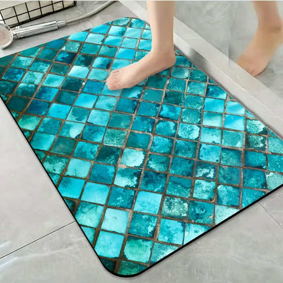 1pc Blue Mosaic Tile Texture Bathroom Rug Bathroom Decor and Qccessories- Durable,Anti Slip,And Quick Drying,Suitable For Indoor/outdoor Use - Perfect For Bathrooms,Bedrooms,Kitchens