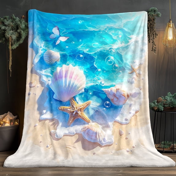 1pc Blue Ocean Scene Shells Printed Outdoor Flannel Blanket, Lightweight Soft Warm Digital Printed Throw, Ideal for Sofa Chair Bed Living Room Office Travel, Perfect Gift