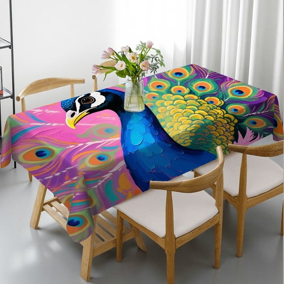 1pc Blue Peacock Print Rectangular Tablecloth, Kitchen Accessories Polyester Tablecloths, Blue Peacock
