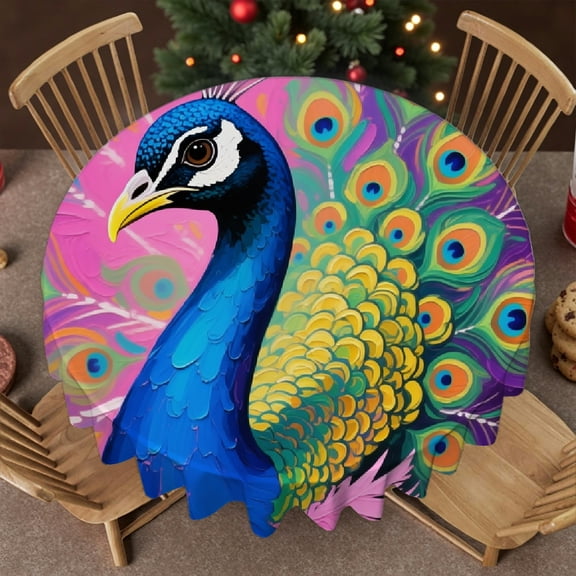 1pc Blue Peacock Print Tablecloth for dining table round, Kitchen Accessories 2D Flat Printing, Blue Peacock