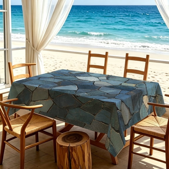 1pc Blue Textured Cobblestone Tile Print Tablecloth, Patio Kitchen Rustic Natural Holiday Dining Decor, Thanksgiving & Christmas Gifts