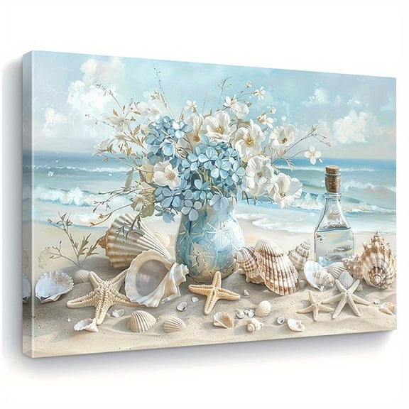 1pc Blue Vase Floral & Ocean Theme Canvas Wall Art - Wooden Framed Horizontal Beach Scene with Seashells, Hydrangeas & Daisies, Vibrant Ink Print for Living Room, Bedroom,