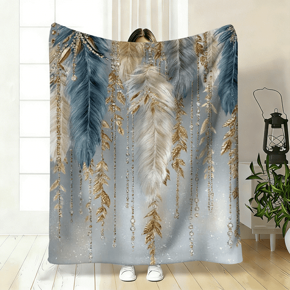 1pc Blue White Feather pattern Flannel Blanket - Soft Flannel Bedspread Suitable for Sofas, Beds, Travel, Camping Feather Bedding, Warm - Throw for Home.