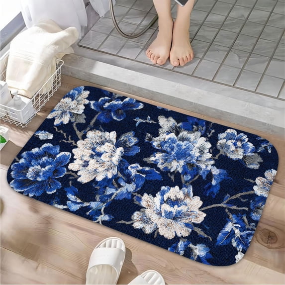 1pc Blue and White Floral Fabric Absorbent Non-Slip Bathroom Thickened Flannel Rug Decor,Soft,Quick Drying,Suitable For Indoor/outdoor Use,Bathrooms,Bedrooms,Kitchens,Terrace,Laundry Rooms,16"x24"
