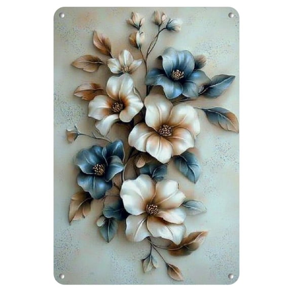 1pc Blue and White Floral Relief Metal Wall Art, 8x12 inches - Durable Iron Wall Decor for Home, Living Room, Bedroom - Easy to Hang, Reusable - Ideal Gift for Room Decoration