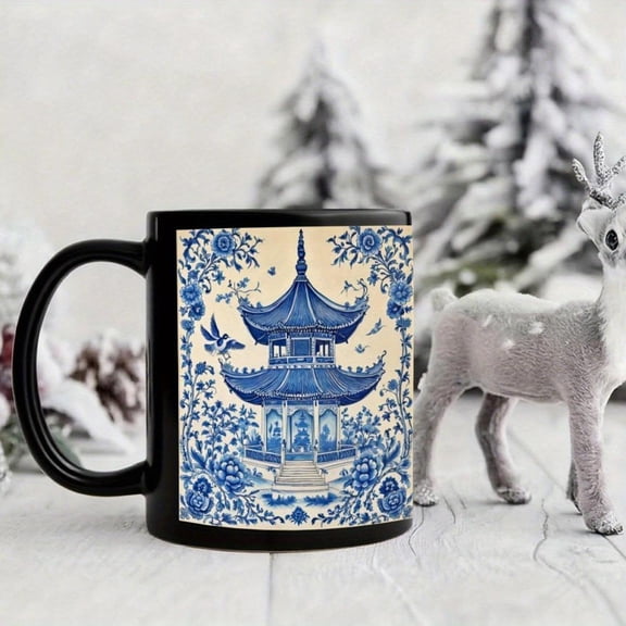 1pc Blue and White Porcelain Chinese Ceramic Mug with Black Exterior 11oz Durable Tea Coffee Cup Hot Cold Drinks Elegant Chinese Architecture Design I