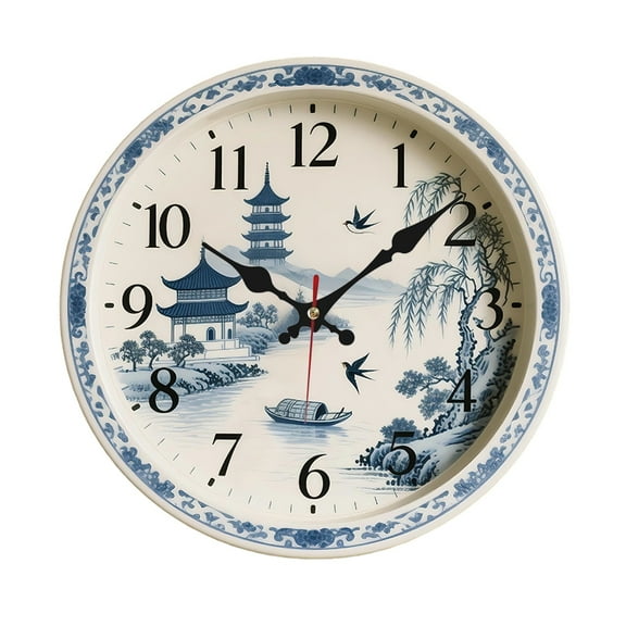 1pc Blue Willow Wooden Wall Clock - Silent Non-Ticking Rustic Farmhouse Decor, 10/12 Inch Vintage-Inspired Round Clock with Blue & White Porcelain Art, Perfect Gift for Her,