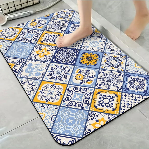 1pc Blue and Yellow Tile inspired Bathroom Rug Bathroom Decor and Accessories- Durable,Anti Slip,And Quick Drying,Suitable For Indoor/outdoor Use - Perfect For Bathrooms,Bedrooms,Kitchens,Terraces