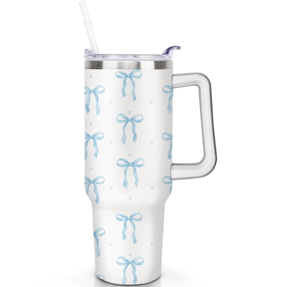 1pc Blue bow 40oz Tumbler with Straw & Handle - Insulated Stainless Steel Cup | Holiday Gift for Man Women (Christmas, Valentine's, Birthday)