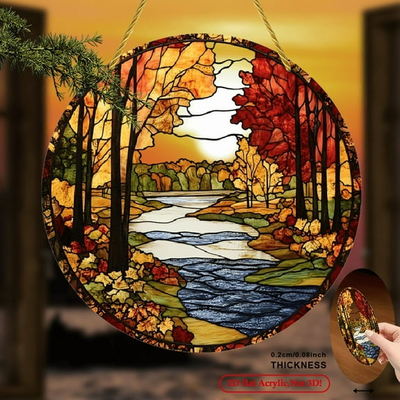2D Flat, 1pc Bohemian Autumn Stream Sun Catcher - 8x8inch Circular Acrylic Window Hanging Decor with Vibrant 2D Printed Fall Foliage River Scene, Warm Serene Ambiance for