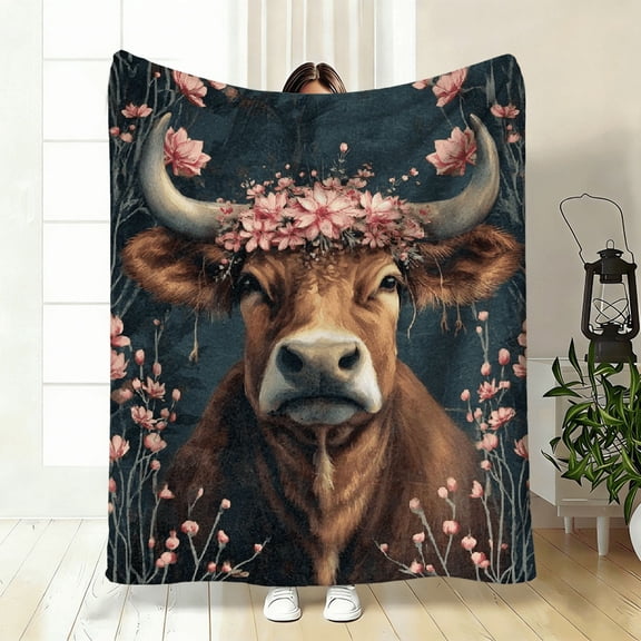 1pc Bohemian Cow Print - Soft BrownAll-Season Bedspread, 100 Polyester Fleece with Highland Cow Floral Wreath Design, Machine Washable Cozy Bedding or Couch Throw for Home Decor, Housewarming Gift