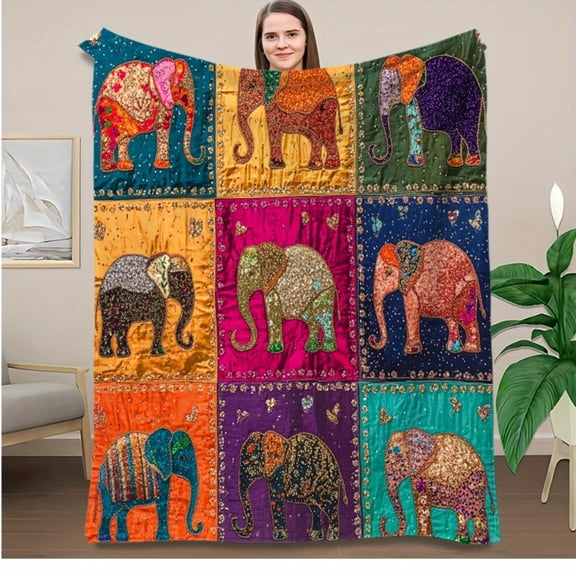 1pc Bohemian Elephant Patchwork Quilt Blanket - Vibrant Multicolor Flannel Sofa Bed Throw, All-Season Soft Decorative Blanket for Camping, Office & Home Decor, Decorative Throw | Elephant Pattern | T