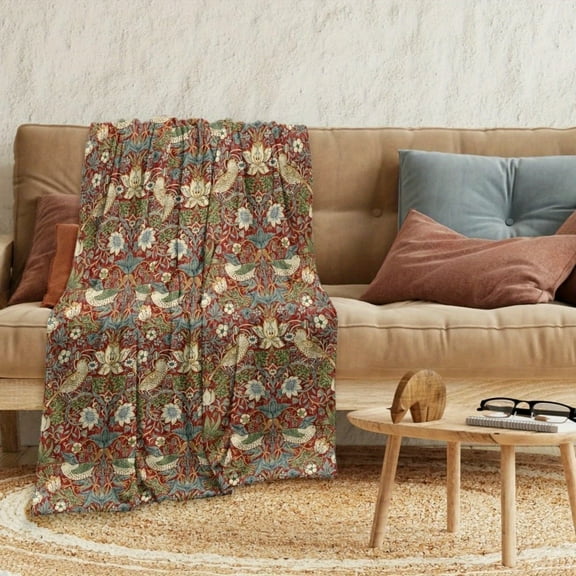 1pc Bohemian Floral & Bird Print Soft Flannel Lightweight Blanket - Red/Green/Yellow Retro Chic All-Season Sofa Throw