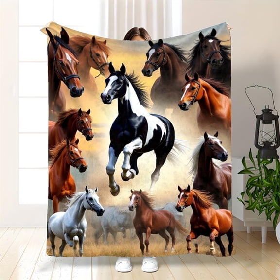 1pc Bohemian Horse-Themed Flannel Blanket - Soft Polyester Equestrian Throw with Horse Patterns, 280GSM Winter Bedspread for Couch, Bed, Travel - Cozy for all-Season Use for s &
