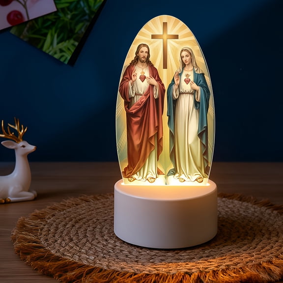 1pc Bohemian Jesus and Virgin Mary LED Night Light Suitable for Bedroom, Office, Prayer Room - USB- Table Lamp with Polished Acrylic Religious Decor, Top for Christmas Gifts, Virgin
