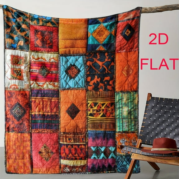1pc Bohemian Patchwork Geometric Print Flannel Blanket - 2D Flat Design, Warm & Soft, All-Season Cozy Throw for Sofa, Bed, Car, Office, Camping, Travel - Vintage Style Mixed Colors, Perfect Gift, Bla
