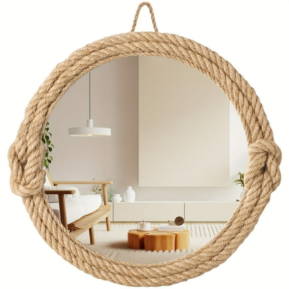 1pc Bohemian Retro Mirror - Polished Glass Bathroom & Living Room Mirror - Circular Nautical Hemp Rope Frame Wall Decor - No Electricity Needed - Coastal Boho Home Dcor