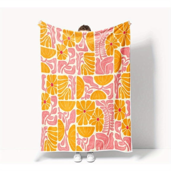 1pc Bohemian Retro Patchwork Throw Blanket - Vibrant Orange Pink Floral & Geometric Print, Soft Flannel All-Season Cozy Blanket for Sofa Bed Chair, Machine Washable Decorative Home Accent, Throw Blan