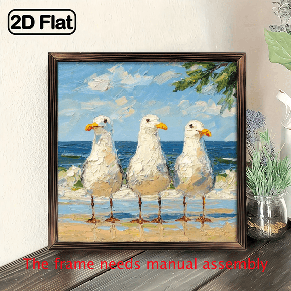 1pc Bohemian Seagull Sign Charming Bohemian 2D Flat Seagull Wooden Sign 8x8 Inch with Frame Ocean Bird Beach Scene Cute Wild Animal Bathroom Decor, Perfect Decorative Signs for Farmhouse Desk Deco