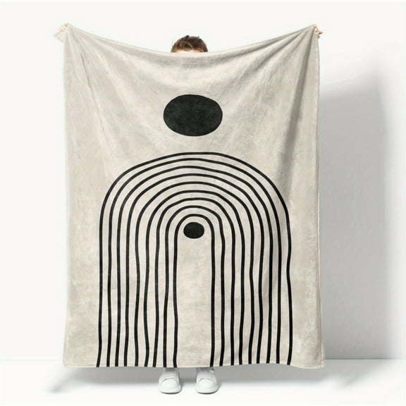 1pc Bohemian Style Mid-Century Flannel Blanket – Soft Orange Beige with Black Abstract Geometric Design, Cozy All-Season Throw for Sofa, Bedroom, Couch & Office Decor