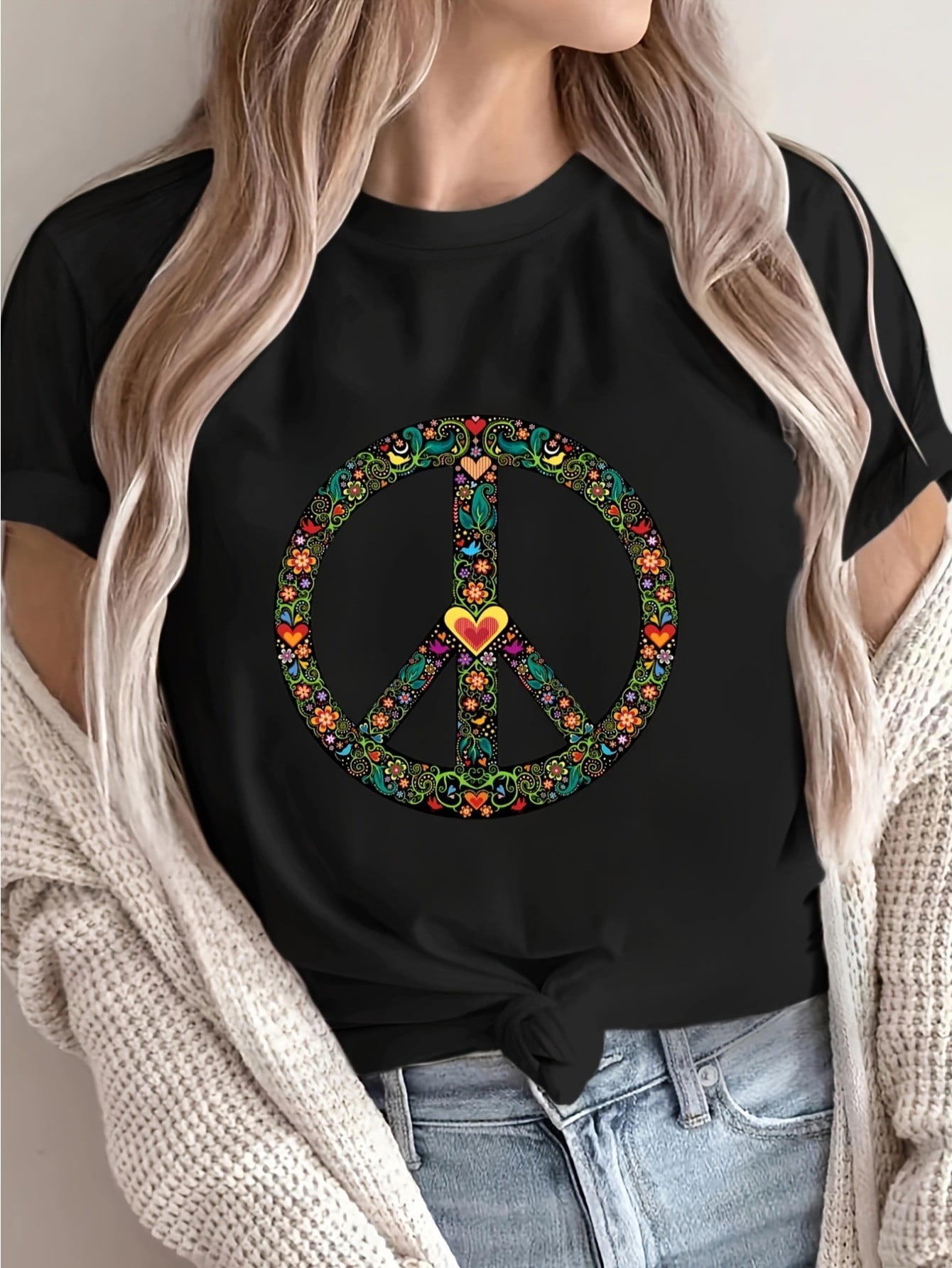 1pc Bohemian Style Peace Sign Print T-Shirt, Casual Round Neck Short ...