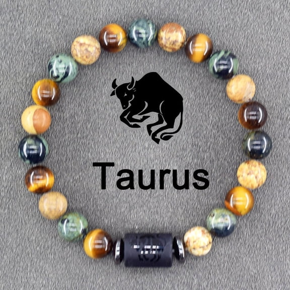 1pc Bohemian Zodiac Sign Bracelet - Stretch Stone Beaded Friendship Bangles with, Virgo, Leo, Libra Symbols - Colorful Marbled Pattern - Ideal Gift for Men and Women, Taurus