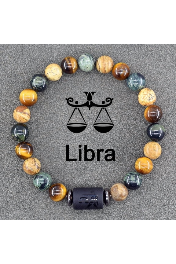 1pc Bohemian Zodiac Sign Bracelet - Stretch Stone Beaded Friendship Bangles with, Virgo, Leo, Libra Symbols - Colorful Marbled Pattern - Ideal Gift for Men and Women,Libra