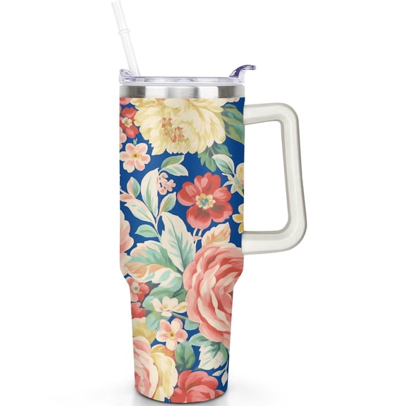 1pc Bohemian flowers-1 40oz Tumbler with Straw & Handle - Insulated Stainless Steel Cup | Holiday Gift for Man Women (Christmas, Valentine's, Birthday)