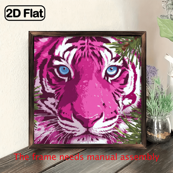 1pc Boho-Chic Pink Tiger Face Wall Art with Rustic Wooden Frame Vibrant Hand-Drawn Design, Perfect for Home, Office, or Cafe Decor, 8x8 Inch, Unique Gift Idea, Cafe Wall Art Tiger Face Design