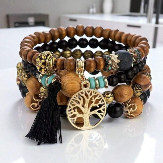 1pc Boho Chic Wooden Bead Bracelet – Stretch Multi-Layer Design – Euro-American Fashion Jewelry