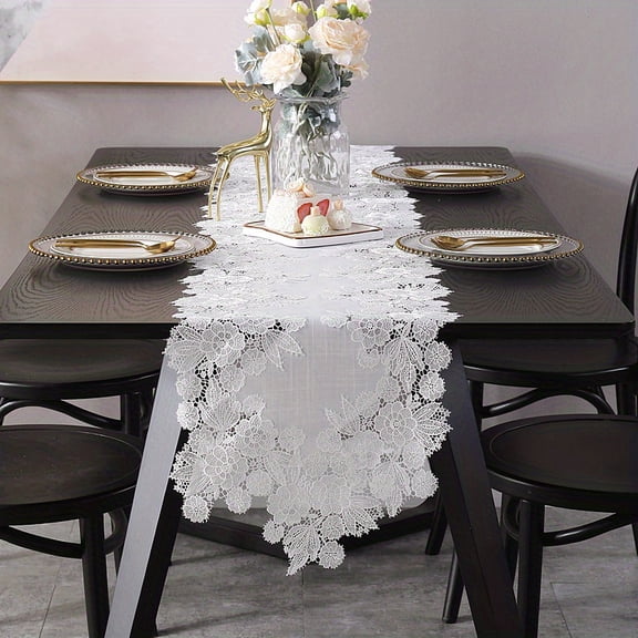1pc Boho Embroidered Lace Table Runner - Vintage Elegant Floral Hollow Out Fabric for TV, Bedside Cabinet, Shoe Cabinet, Dust Proof Table Cloth - Rectangular Dresser Scarf Doilies,13.78*35.43inch