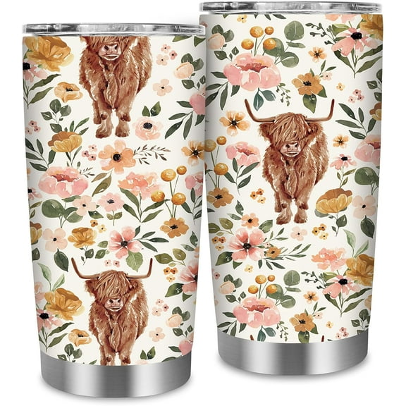 1pc Boho Floral Highland Cow Thermos with Lid 20oz Flower Stainless Steel Vacuum Insulated Travel Coffee Mug Water Bottle for Hot and Cold Drinks Gift