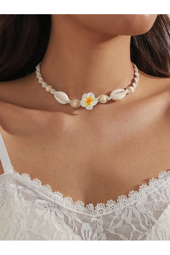 1pc Boho Style Polymer Clay Flower Woven Adjustable Necklace For Women