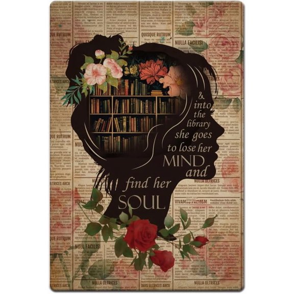 1pc Books Into The Library Vertical Poster 11.81x7.87 Inches Vintage Metal Tin Sign Book Dictionary Wall Decor with 4 Pre-Drilled Holes