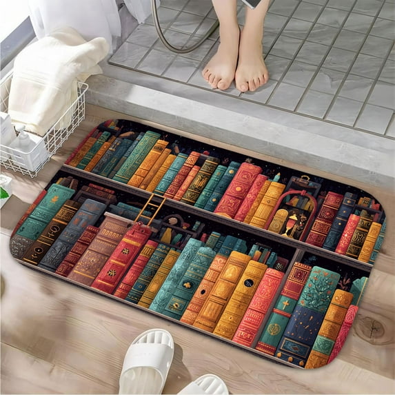 1pc Bookshelf with Magical Books Absorbent Non-Slip Bathroom Thickened Flannel Rug Decor,Soft,Quick Drying,Suitable For Indoor/outdoor Use,Bathrooms,Bedrooms,Kitchens,Terrace,Laundry Rooms,16"x24"