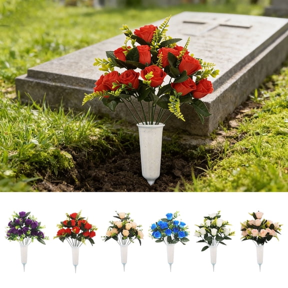 1pc Bouquet of Peacock Roses Artificial Flowers, for Overseas Cemetery Memorial Day Holiday Grave Decor Outdoor Yard Garden Lawn Cemetery Patriotic Decorations Ornament for Remembrance, 16*12in, B