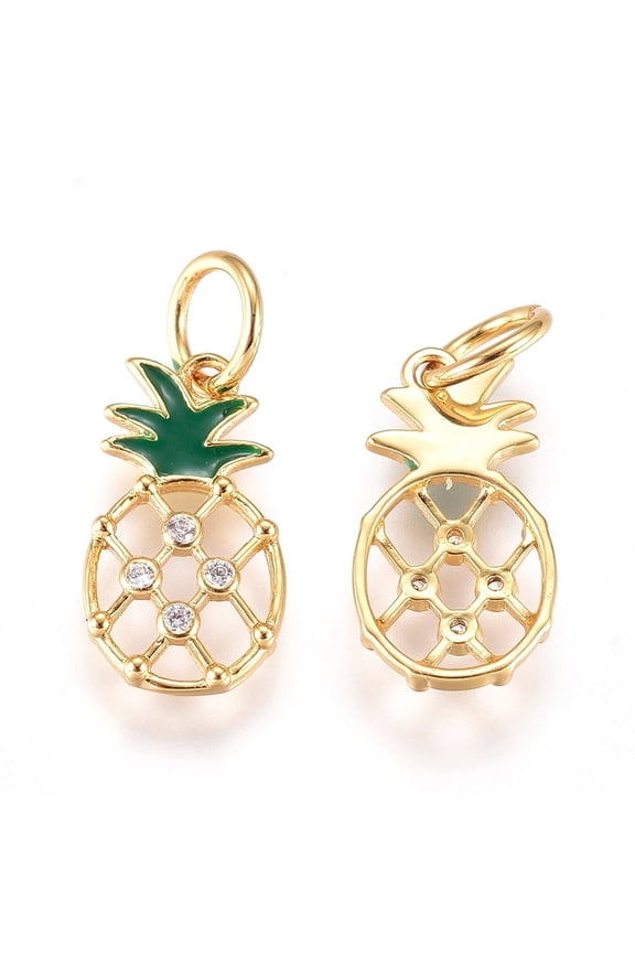 1pc Brass Enamel Charms with Micro Pave Cubic Zirconia and Jump Rings Pineapple