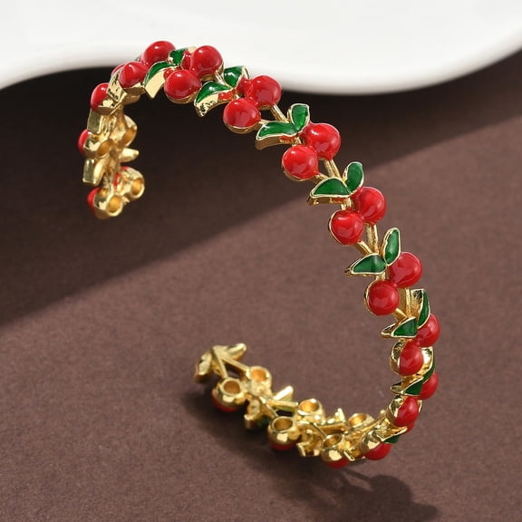1pc Brass Enamel Cuff Bracelets Golden Cherry Inner Diameter: 2-1/4x2 inch(5.7x5.1cm)